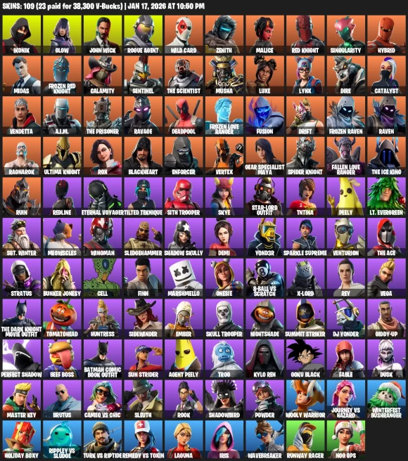 109 skins | IKONIK | Glow | Gold Midas | Rogue Agent | Spider Knight | Dire | Vertex | Raven | Sentinel | Ragnarok