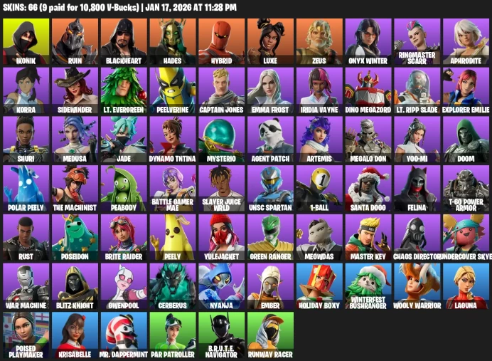 66 Skins | IKONIK | Hades | Ruin | Hybrid | Zeus | Luxe | Blackheart | Poseidon | Peelverine | Emma Frost