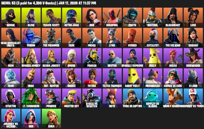 53 Skins | ikonik | glow | travis scott | astro jack | rox | catalyst | midas