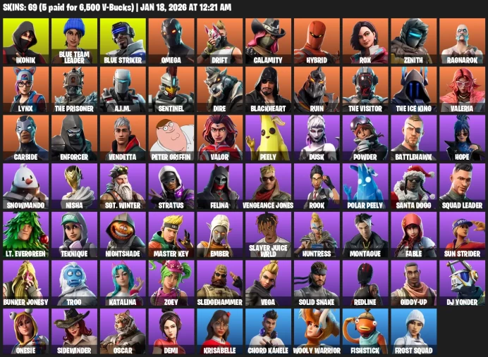 69 Skins | IKONIK, Scenario, Omega, Mako, Drift, Calamity, Blue Team Leader |