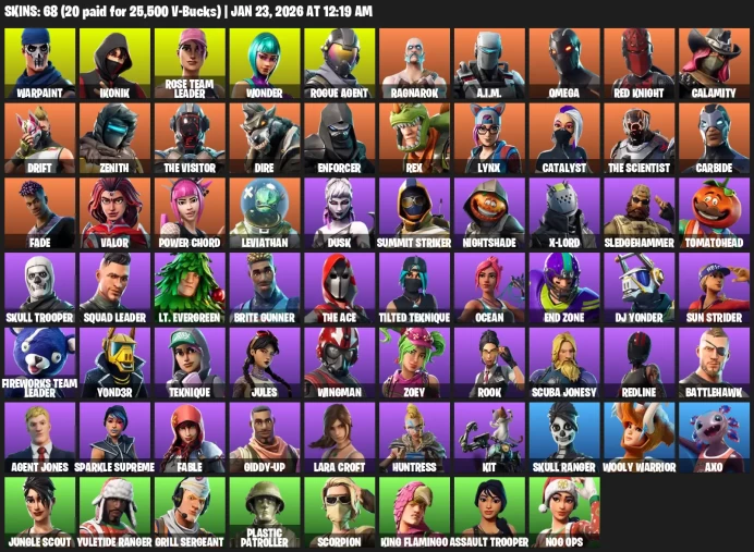 68 Skins | OG STW | Wonder | IKONIK | Rose Team Leader | Warpaint | Omega (Lights) | Rose Glow | Mean Streak | Ol Woody
