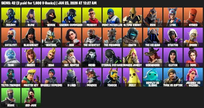 42 Skins | IKONIK | Glow | The Ice King | Ember | Stratus | Ultima Knight | Trilogy | Carbon Commando | Prodigy | Point Patroller
