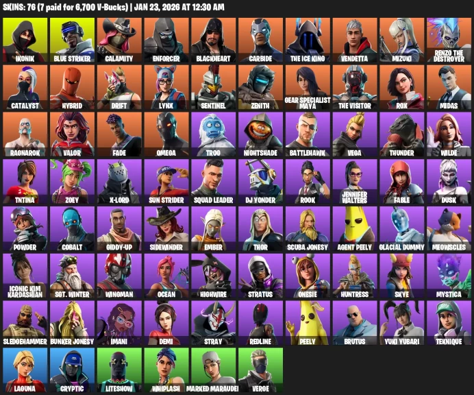 76 skins | IKONIK | Omega (stage 5) | Blue Striker | Catalyst | Sentinel | Calamity | Carbide | Drift | Rox | Gear Specialist Maya