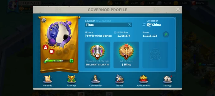 11M Power - Early KVK 1 KD 3950 - Account Age: 90 Days - Cao Cao 5221 - 90 Golden Head - 18K Gems - 936M RSS, 105 Days Speedup - 3 Pasports #380
