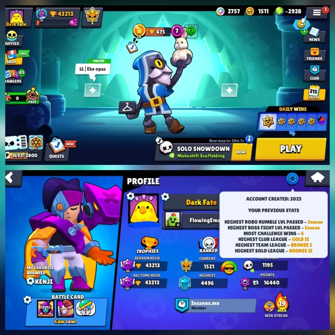 43.2K TROPHY BEST BRAWL STAR, 84 BRAWLERS, 21 HYPERCHARGE, 5 MAXED BRAWLER, 231 SKINS, 501 PINS, 242 PLAYER ICON, 128 SPRAYS | H165