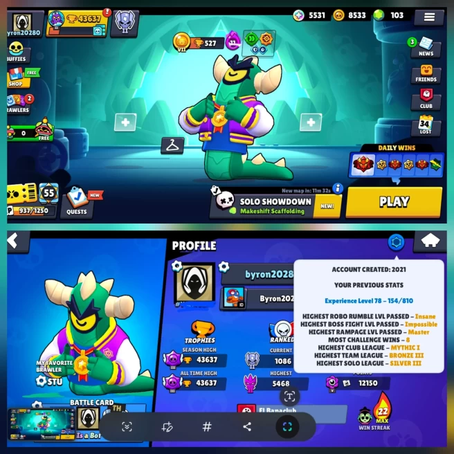 43.6K TROPHY OP BRAWL STAR, 98 BRAWLERS, 29 HYPERCHARGE, 5 MAXED BRAWLER, 255 SKINS, 661 PINS, 295 PLAYER ICON, 156 SPRAYS | H164