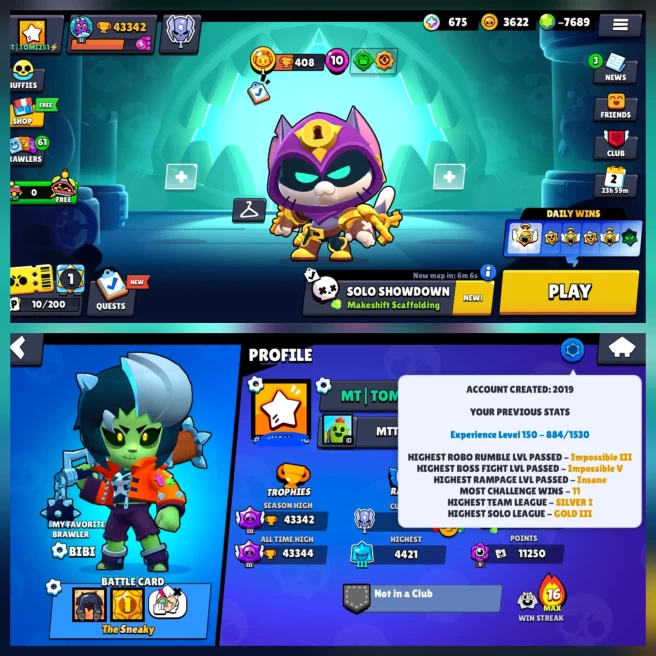 43k TROPHY BRAWL STAR, 96 BRAWLERS, 34 HYPERCHARGE, 1 MAXED BRAWLER, 200 SKINS, 472 PINS, 203 PLAYER ICON, 102 SPRAYS | H162