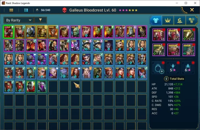 Lv16 175K Power|1 Myth Galleus Bloodcrest|13 Legendary(Michelangelo,Wukong,Alice,Etc)+39K Energy+1,7K Crystal|Plarium|(RSL1150)