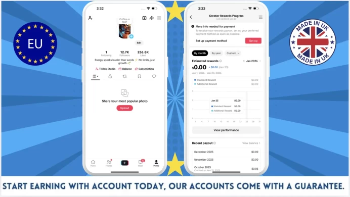 100% Monetized UK Account Creator Rewards Program Active | 12k Real Followers & 256k Likes | Real Screenshots + Full Access + Good Standing