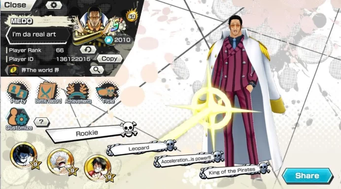 BR651-IOS+Android-Hyber 60+6 Ex(Gear 5 Full Boost+Kizaru Have 2 Skins+Lucci+Roger)+Vip Medal(Color Medal)+Support 165%+Many BF Max Uta+Peros