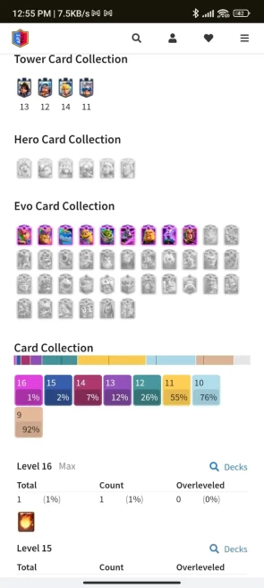 1 YR OLD CR, 9864 TROPHY,  [1- Level 16], [2 - Level 15], [5 - Level 14 ], 9 EVO, 59 RARE EMOTE, 4 TOWER , 110 BADGES, 46 FRAMES AND LEVEL 24