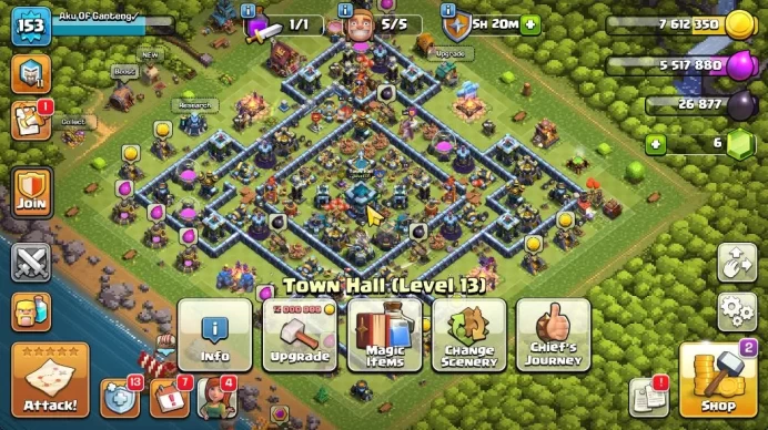 TH 13 - BH 8|Limited Skin|LV 153|HH 7|BK 67,AQ 75,GW 49,MP 40,RC 21|CN OFF|Protect ON|TAKE MAIL(COC1894)