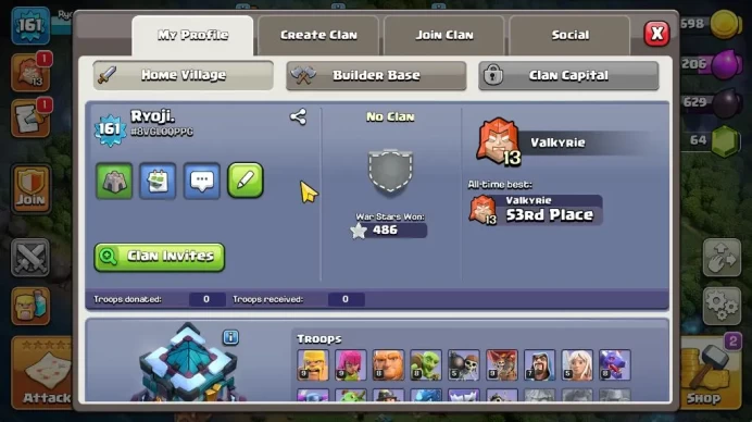 TH 13 - BH 8|Limited Skin|LV 161|HH 7|BK 66,AQ 68,GW 50,MP 50,RC 25|CN OFF|Protect ON|TAKE MAIL(COC1896)
