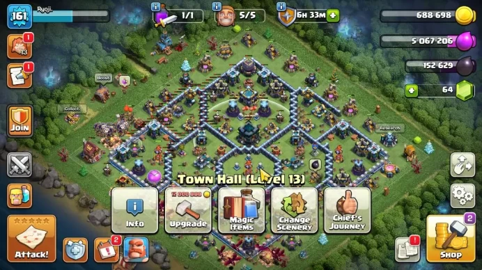TH 13 - BH 8|Limited Skin|LV 161|HH 7|BK 66,AQ 68,GW 50,MP 50,RC 25|CN OFF|Protect ON|TAKE MAIL(COC1896)