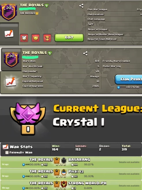 || CRYSTAL 1 + LEVEL 20 + CC 10 || THE ROYALS || 164 WINS 153 LOSSES