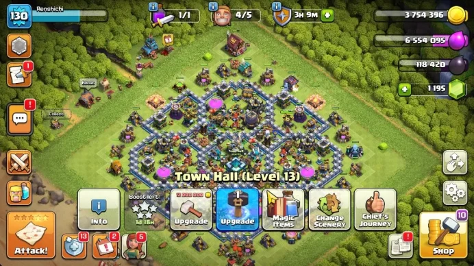 TH 13 - BH 9|Limited Skin|LV 130|HH 7|BK 73,AQ 73,GW 50,MP 28,RC 23|CN ON|Protect ON|TAKE MAIL(COC1910)