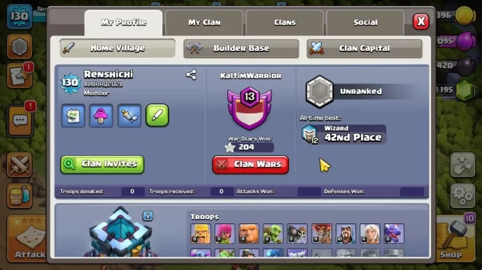 TH 13 - BH 9|Limited Skin|LV 130|HH 7|BK 73,AQ 73,GW 50,MP 28,RC 23|CN ON|Protect ON|TAKE MAIL(COC1910)