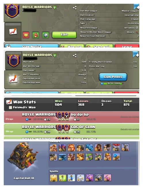 || MASTER 1 + LEVEL 28.9 + CC 10 || NAME: ROYLE WARRIORS || 504 WINS 368 LOSSES 3 DRAWS