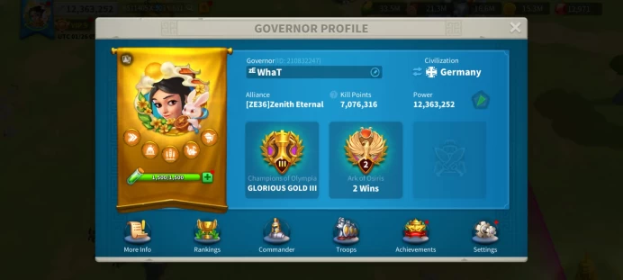 12M Power - KVK 1 (3936) Young Acc 112 Days Old - 12K Gems - Cao Cao 5311, Minamoto 5111, YSG 5311 - 290M RSS, 60 Days Speedup - 3 Pasports #385