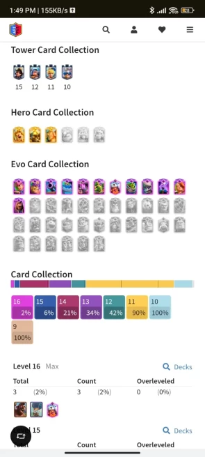 4 YR OLD CR, 10633 TROPHY, [3 - Level 16], [4 - Level 15], [19 - Level 14], 3 HERO, 12 EVO, 102 RARE EMOTE, 8 TOWER , 118 BADGES, 88 FRAMES