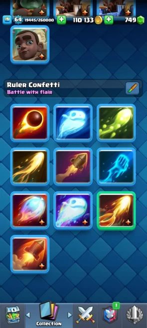 5 YR OLD CR, 11035 TROPHY, [2 - Level 16], [19 - Level 15], [57 - Level 14], 1 HERO, 20 EVO, 167 RARE EMOTE, 8 TOWER , 134 BADGES, 133 FRAMES