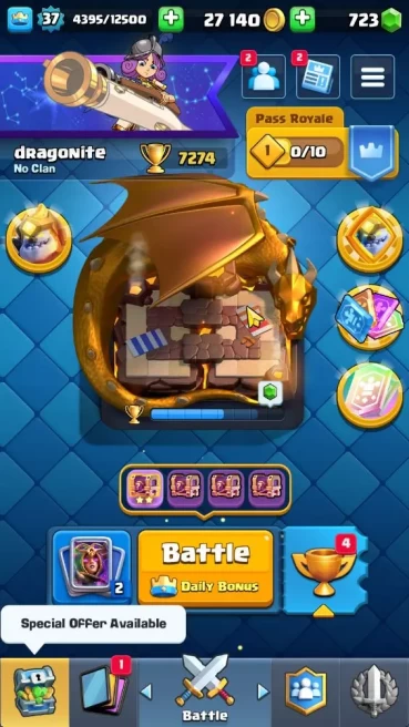 Lvl 37|Trophy 7274|KTL 12|Limited Skin|Card 118| 1 Hero 7 EVO 5 Champ 21 Legendary 33 Epic 30 Rare|Take Email(CR1262)