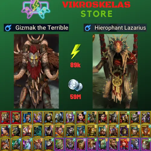 Starter with 2 Mythical - Lazarius and Gizmak : 89k energy / 59 mln coins / Venus, Lilitu, Uzol, Errol, Minaya, Arix, Ninja + 19 Login Legendari