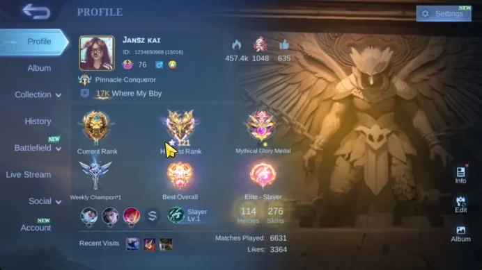 Hero 114 Skin 276|High Immo 121|Star Haya, Lbox[Akai,Moskov,Karrie,Martis],2 LB,4 DT,2 Saber,ETC|Take Email|Check SS(MLBB1935)
