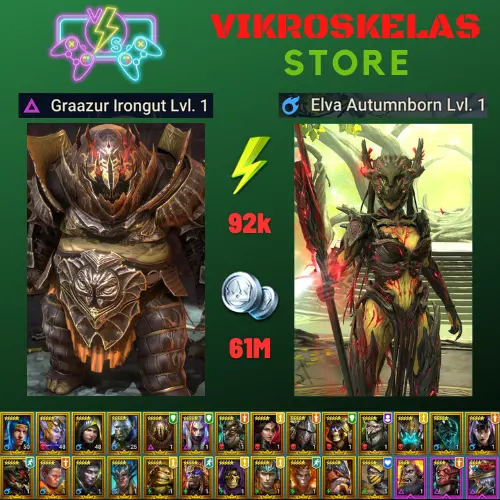 Starter acc with Graazur : 92k energy / 61 mln coins / Elva, Lugan, Bystophus, Arix, Ninja + 19 Login Legendaries / Fahrakin