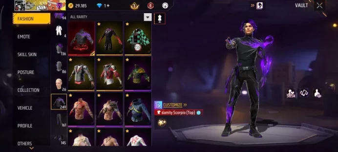 Lv 63 / Scorpio ( Legend Skin ) / 2 ARTIFACTS Gun's / Ump Lv 5 / Bandit Swagger / MYTHIC 37 / EPIC 52 / Clothes 249 / Pants 161 / cod 20