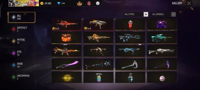 Lv 63 / Scorpio ( Legend Skin ) / 2 ARTIFACTS Gun's / Ump Lv 5 / Bandit Swagger / MYTHIC 37 / EPIC 52 / Clothes 249 / Pants 161 / cod 20