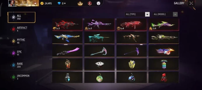 Lv 72 / Rampag ( Legend Skin ) / 4 ARTIFACTS Gun's / Mp 40 Lv 4 / ShotGun Lv 4 / Bandit Swagger / MYTHIC 48 / EPIC 89 / Clothes 429 / Pants 253 