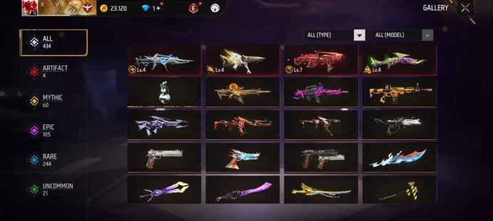 Lv 74 / 1 Legend Skin (Booyah) / Devil may cry Skin / 4 ARTIFACTS Gun's / Mp40 Lv7 (Max) / Xm8 Lv4 / Mp5 Lv4 / MYTHIC 60 / EPIC 105 / Clothes 43