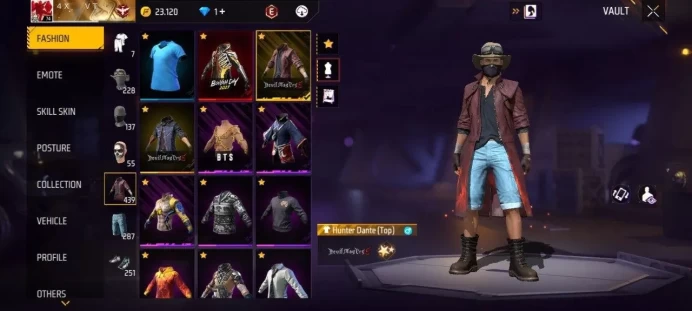 Lv 74 / 1 Legend Skin (Booyah) / Devil may cry Skin / 4 ARTIFACTS Gun's / Mp40 Lv7 (Max) / Xm8 Lv4 / Mp5 Lv4 / MYTHIC 60 / EPIC 105 / Clothes 43