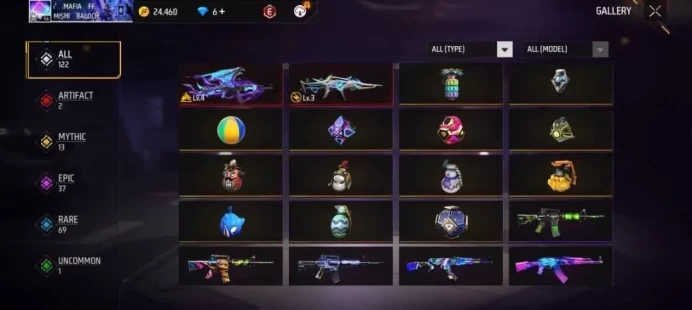 Lv 57 / 2 ARTIFACTS Gun's / Xm8 Lv3 / Ak Lv4 / MYTHIC 13 / EPIC 37 / Clothes 160 / Pants 98 / Shoes 60 / cod 29