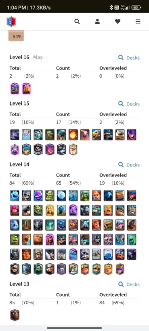 8 YR OLD CR, 11340 TROPHY, [2 - Level 16], [17 - Level 15], [65 - Level 14], 1 HERO, 6 EVO, 84 RARE EMOTE, 13 TOWER , 125 BADGES, 76 FRAMES