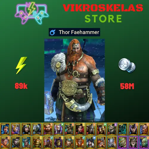 Starter acc with Thor : 89k energy / 58 mln coins / Bivald, Nethril, Konstantin, Arix, Ninja + 19 Login Legendaries / Nia, Fayne 2x