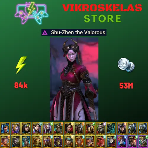 Starter acc with Shu-Zhen : 84k energy / 53 mln coins / Lord Shazar, Astralith, Arix, Ninja + 19 Login Legendaries / Demytha, Aniri