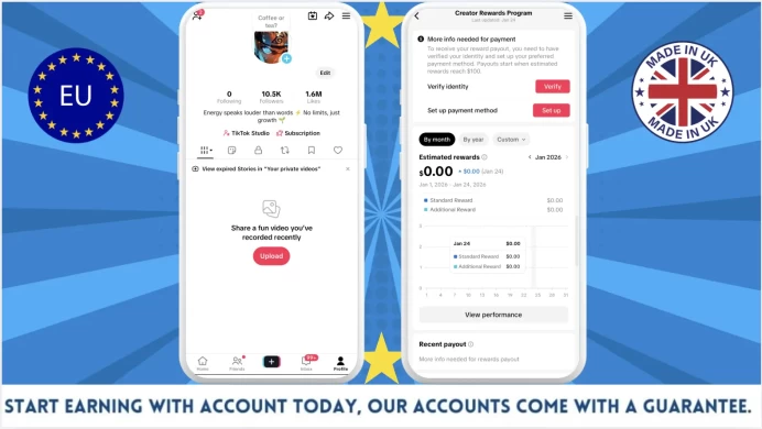 100% Monetized UK Account Creator Rewards Program Active | 10k Real Followers & 1.6M Likes | Real Screenshots + Full Access + Good Standing