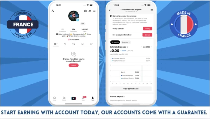 100% Monetized France Account Creator Rewards Program Active | 13k Real Followers & 141k Likes | Real Screenshots + Full Access + Good Standing