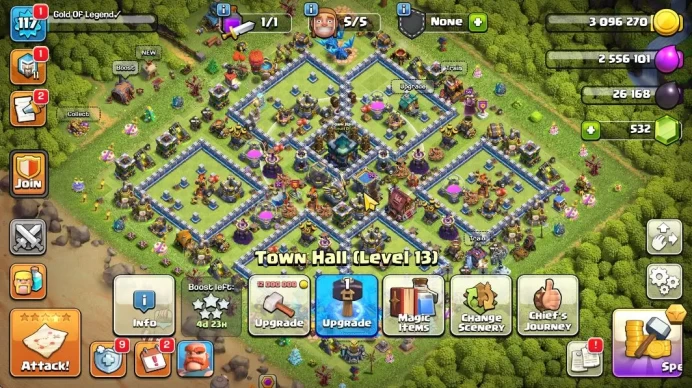 TH 13 - BH 7|Limited Skin|LV 117|HH 6|BK 63,AQ 49,GW 30,MP 39,RC 0|CN OFF|Protect OFF|TAKE MAIL(COC1859)