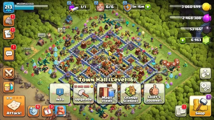 TH 16 - BH 10|Limited Skin|LV 213|HH 10|BK 54,AQ 67,GW 66,MP 51,RC 35 + 6,9K GEMS|CN OFF|Protect ON|TAKE MAIL(COC1919)