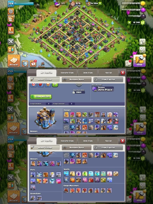 TH18 Near Max | XP 254 | BK100 AQ100 MP84 GW75 RC50 | +18375 Gems & 500 NC | 5 Heroes Skins & 9 Epic Equipment | 100% Secure SCID | iOS &
