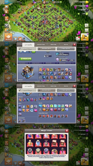 TH18 Near Max | XP 217 | BK100 AQ100 MP77 GW75 RC50 | +1724 Gems | 5 Heroes Skins & 8 Epic Equipment | 100% Secure SCID | iOS & Android