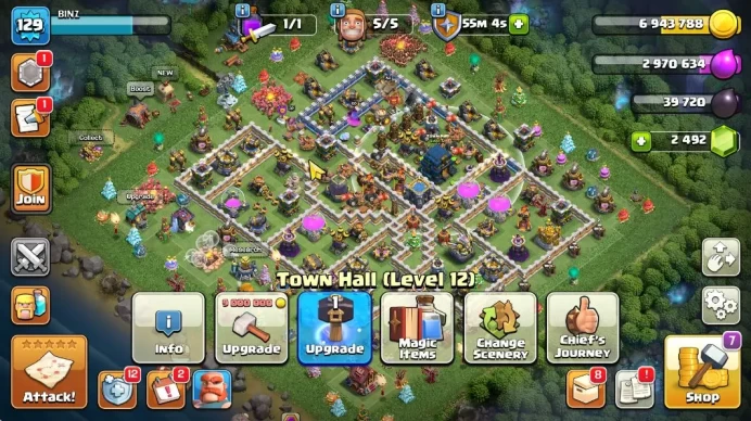 TH 12 - BH 6|Limited Skin|LV 129|HH 6|BK 54,AQ 60,GW 32,MP 31,RC 0 + 2K GEMS|CN OFF|Protect OFF|TAKE MAIL(COC1924)