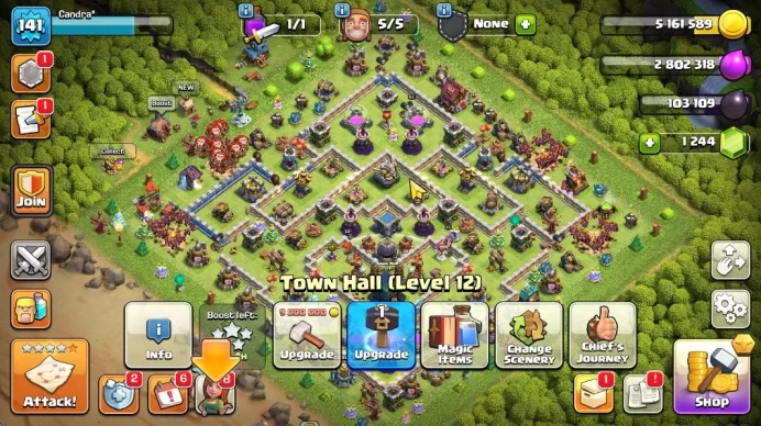 TH 12 - BH 7|Limited Skin|LV 141|HH 6|BK 53,AQ 62,GW 36,MP 32,RC 0|CN OFF|Protect OFF|TAKE MAIL(COC1926)
