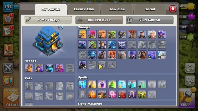TH 12 - BH 7|Limited Skin|LV 141|HH 6|BK 53,AQ 62,GW 36,MP 32,RC 0|CN OFF|Protect OFF|TAKE MAIL(COC1926)