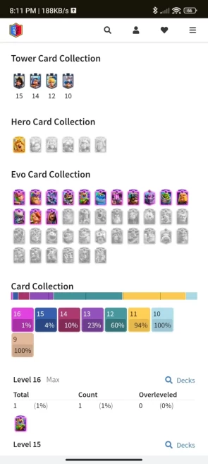2 YR OLD CR, 10149 TROPHY, [1 - Level 16], [4 - Level 15], [7 - Level 14],1 HERO, 14 EVO, 71 RARE EMOTE, 11 TOWER , 131 BADGES, 65 FRAMES
