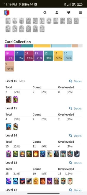 4 YR OLD CR, 10376 TROPHY, [2 - Level 16], [2 - Level 15], [11 - Level 14],1 HERO, 5 EVO, 59 RARE EMOTE, 6 TOWER , 115 BADGES, 38 FRAMES