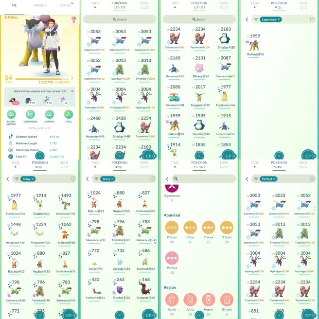 ACm1162 -Level 54 | 1140222 dust | x18 shiny x15 100IV | CP3000+ 9 CP2000+ 20 | Raikou | 100IV x2 Tyranitar x4 Salamence x3 Hydreigon x3 Tyrantr